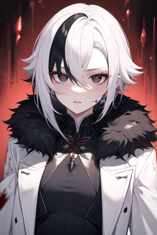 ((best quality)), ((masterpiece)), ((detailed)), female, long_hair, beautiful,  pale, regal, slender, petite, black gloves, hair between eyes, x-shaped pupils, streaked hair, short hair, blood magic, jewelry, red pupils, fur-trimmed coat, white coat,