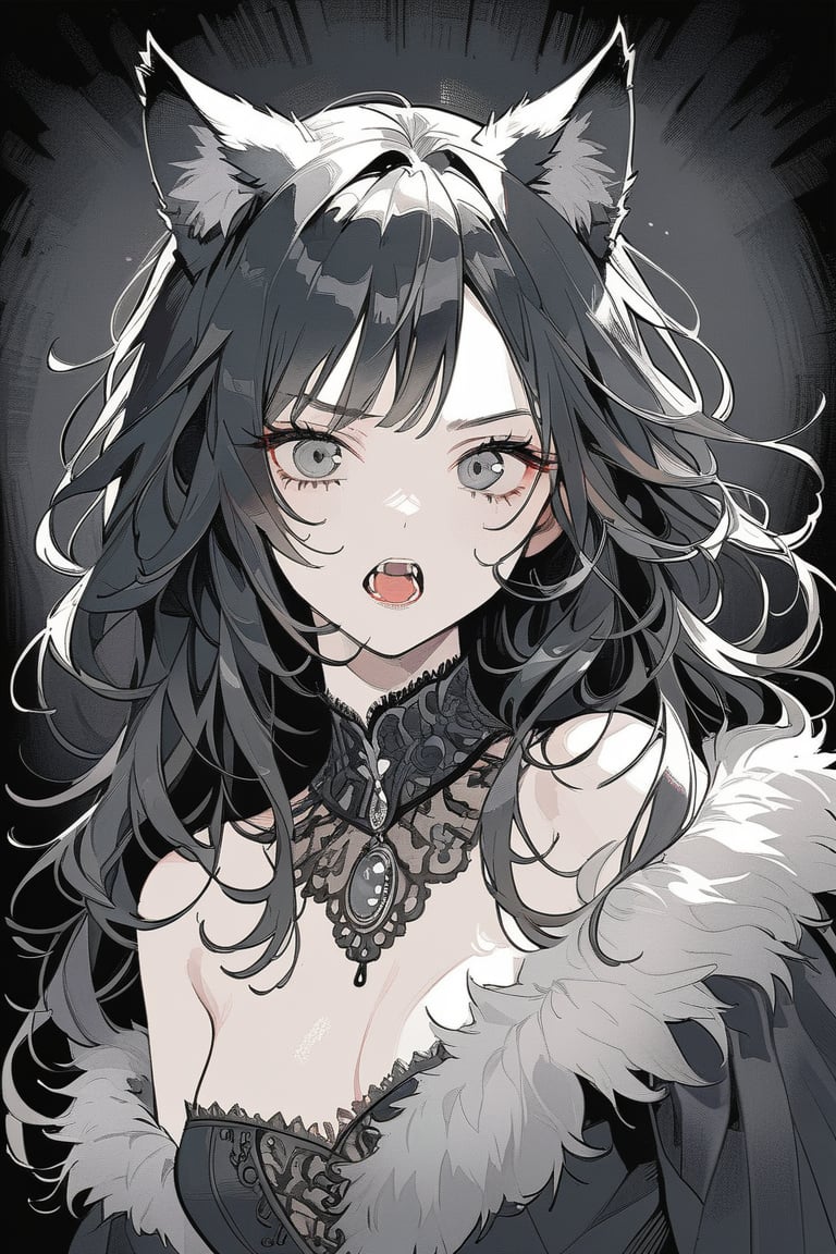 ((masterpiece)), ultra detailed, best quality, 8k, aesthetic, 1girl, female, illustration, Beautiful eyes, detailed, extremely detailed, stunning eyes, long hair, werewolf, full-body_portrait, blach hair, growling, messy hair, grey eyes, canines, wolf ears, full_body,
