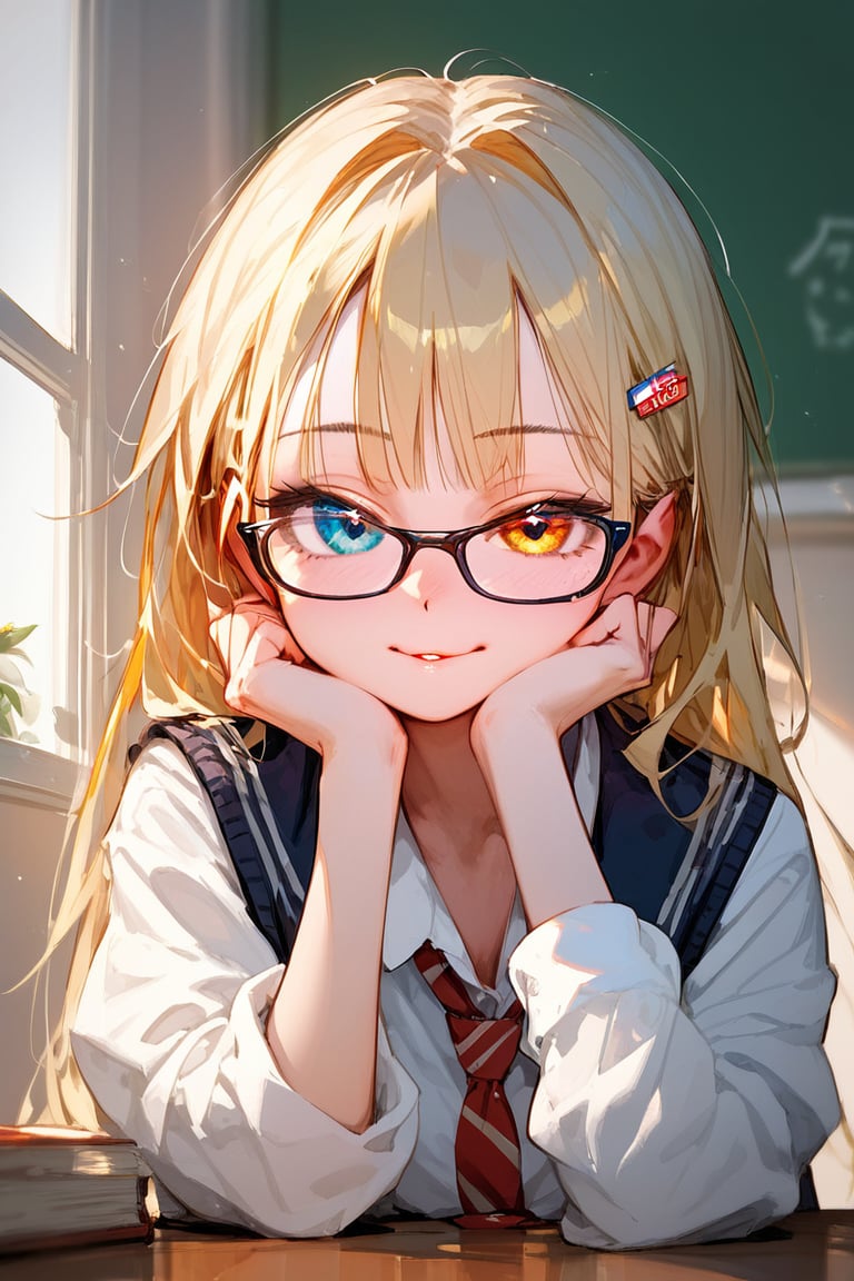 (score_9,score_8_up,score_7_up,score_6_up,score_5_up,score_4_up), lithe girl, female, heterochromia, pale skin, blonde, glasses, school girl, 