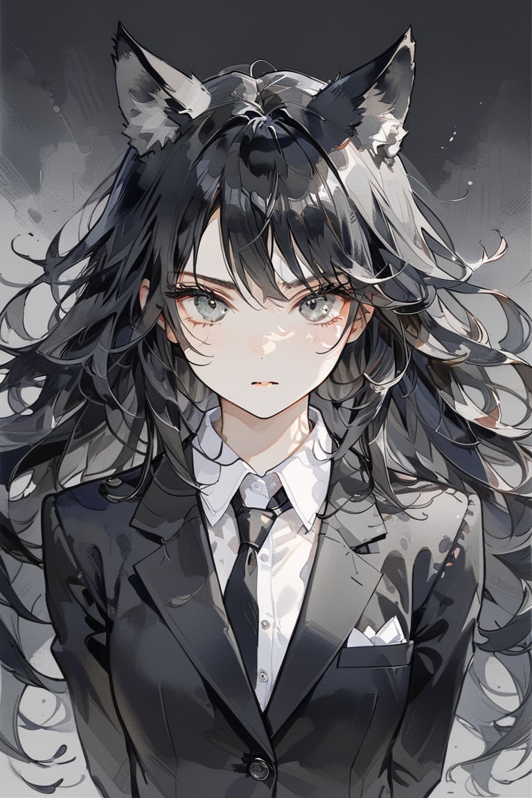 ((masterpiece)), ultra detailed, best quality, 8k, aesthetic, 1girl, female, illustration, Beautiful eyes, detailed, background, stunning eyes, long hair, black hair, wild hair, grey eyes, wolf ears, athletic, white shirt, blazer, school_uniform,Expressiveh,dark theme, muscle female, 