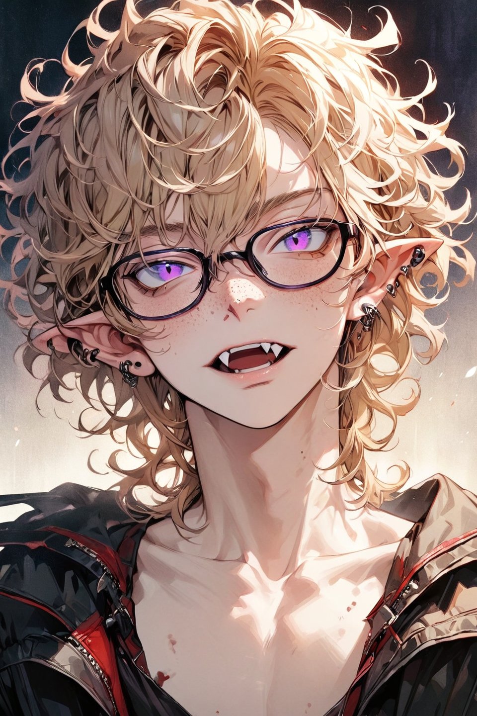 ((masterpiece)), ultra detailed, best quality, illustration, Beautiful eyes, detailed, background, stunning eyes, blonde hair, messy wavy hair, 1boy, male, nerdy, skinny, glasses, bruises, short hair, long bangs, deep blue eyes, purple eyes, vampire, pointed elven ears, freckled nose, lip ring, ear piercing, jacket,Fang