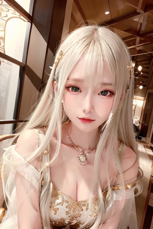 masterpiece, best quality, ultra-detailed, illustration, close-up, straight on, face focus, 1girl, white hair, golden eyes, long hair, halo, serene expression, looking at viewer