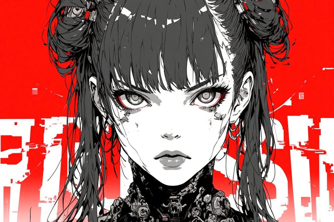 Ink art, Comic style art, Black and white portrait, Outline drawing, Focus on the face, Cyberpunk style girl, Two pigtails hairstyle, Serious look, Half-open eyes, Dark circles, Full lips, Two-tone cyberpunk manga style, Grayscale, Red gradient background,