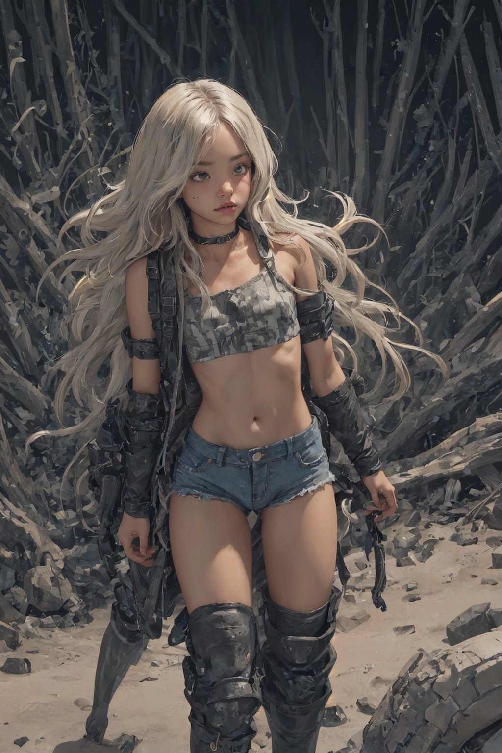 1 girl, alone, (post apocalyptic style), micro shorts, torn denim shorts, cameltoe, tight clothing, torn clothing, military boots, leggings, torn stockings, 1 knee pad, metal shoulder pads, old military helmet, improvised armor,
simple background, desert, sand dunes, just sand,