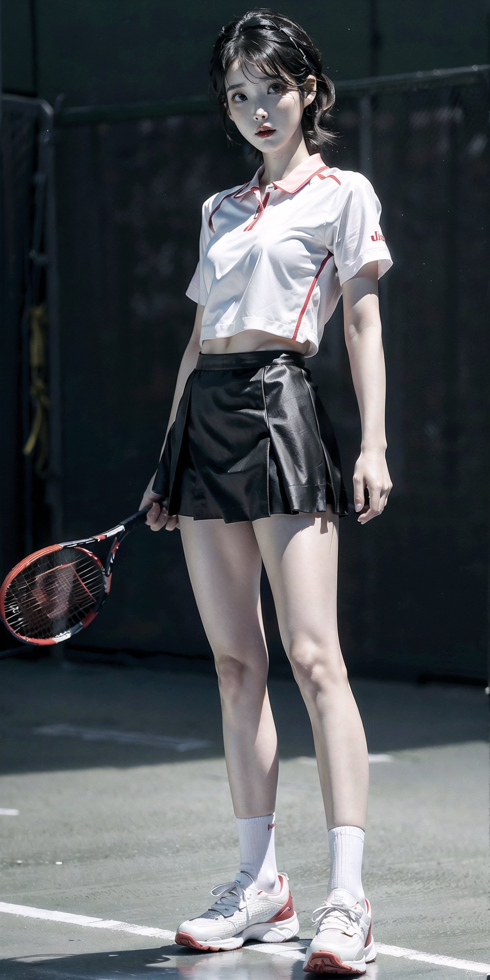 graceful and peaceful, detailed features, beautiful eyes, detailed long lashes, (natural skin texture, hyperrealism, beutiful eyes, detailed eyes,full body, iu, tennis,shoes,standing up,short skirt,black hair,slender,  tennis uniform