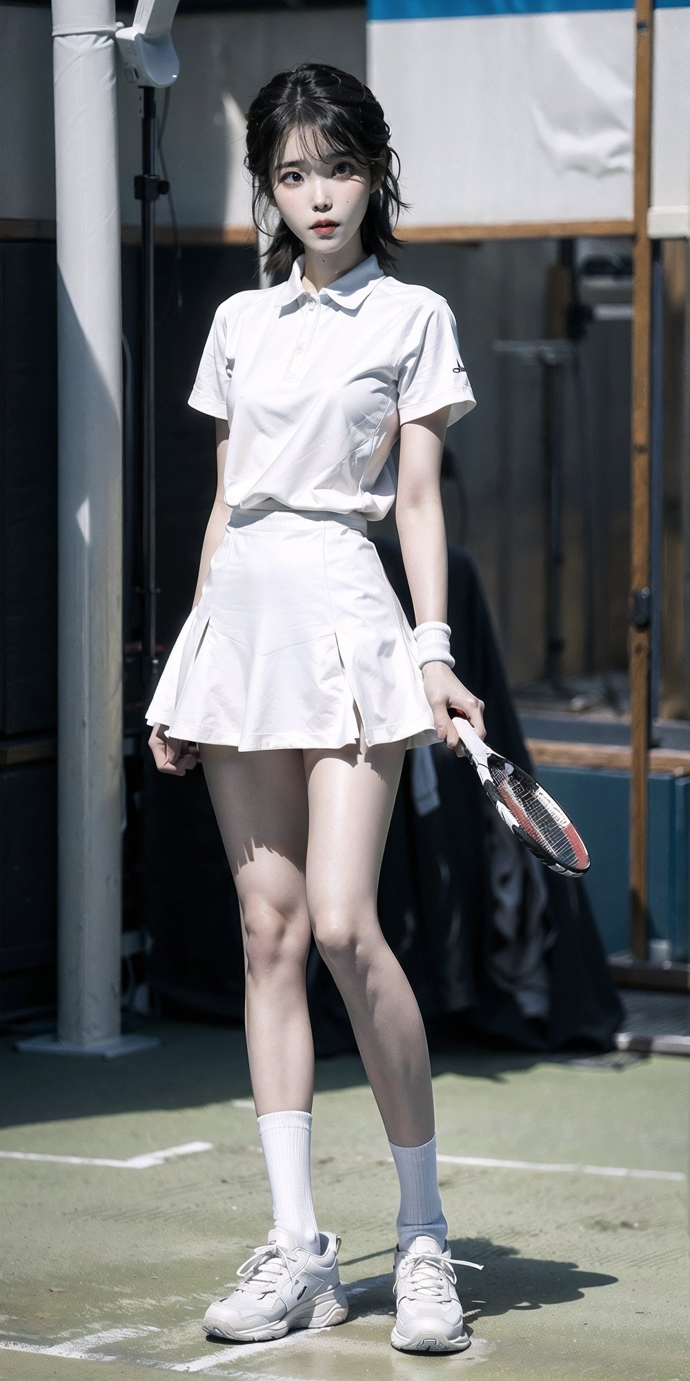 graceful and peaceful, detailed features, beautiful eyes, detailed long lashes, (natural skin texture, hyperrealism, beutiful eyes, detailed eyes,full body, iu, tennis,shoes,standing up,black hair,slender,  tennis uniform,stretch,