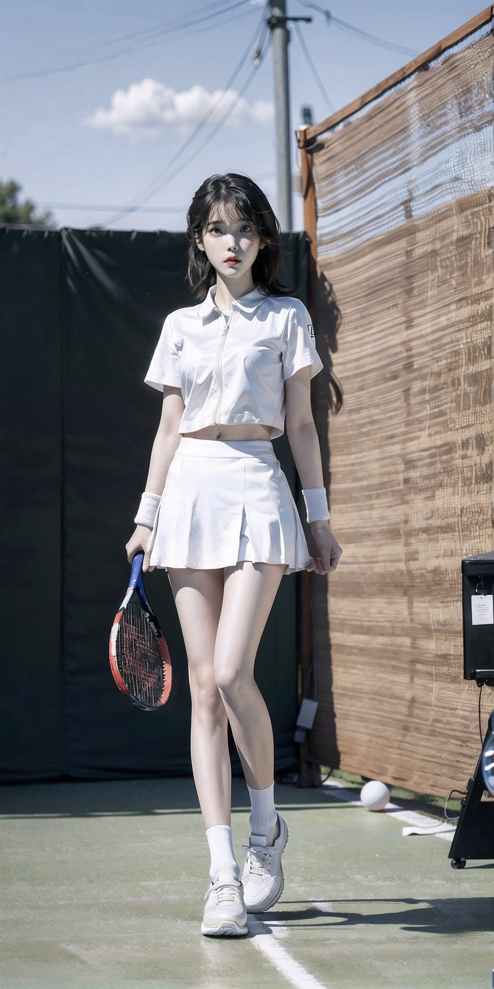 graceful and peaceful, detailed features, beautiful eyes, detailed long lashes, (natural skin texture, hyperrealism, beutiful eyes, detailed eyes,full body, iu, tennis,shoes,standing up,short skirt,black hair,slender,  tennis uniform