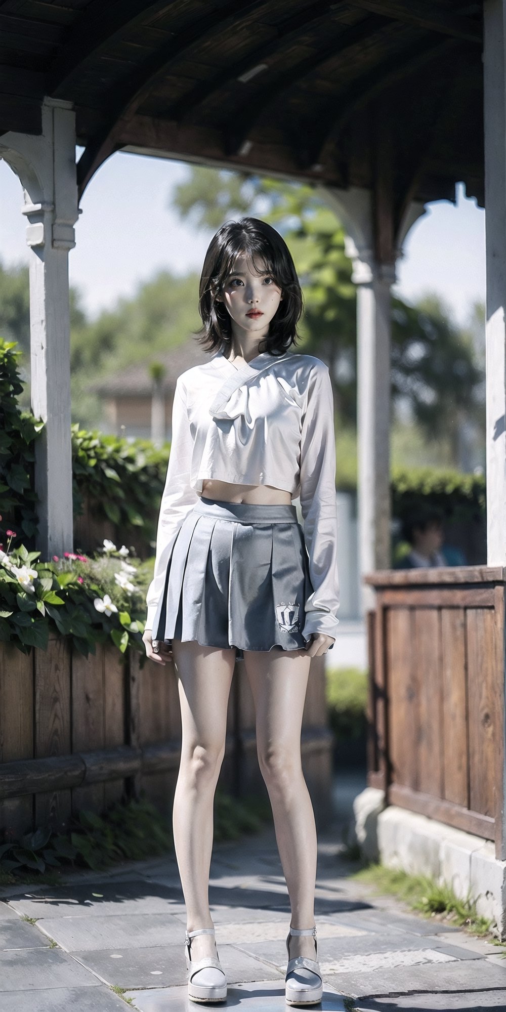 graceful and peaceful, detailed features, beautiful eyes, detailed long lashes, (natural skin texture, hyperrealism, beutiful eyes, detailed eyes,full body, iu, garden,shoes,standing up,short skirt,black hair,slender, cheerleader outfit