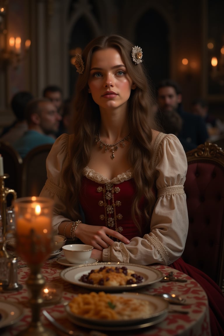 Young countess sits at dinner in a crowded dinning room in 1600's france, high fashion, atmosphere, ultra realistic HD,  / Hyperrealistic sexy ,full body, long  hair, ultra detail blue eyes, beautiful face, An extremely high-resolution hyperrealistic portrait of a girl, pushing the boundaries of realism with fine textures and lifelike details.
,vintagepaper,text as "",v0ng44g,more detail XL,Brandon Woelfel, ,Jia Lissa