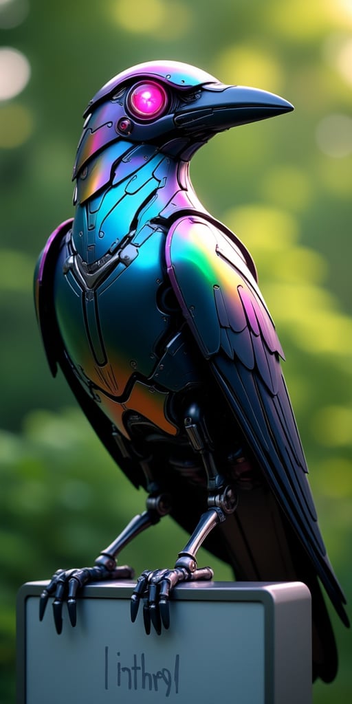 (best quality, ultra-detailed, hyper realistic, 8K, masterpiece), a highly detailed and vibrant digital artwork of a robotic crow bird perched on a signboard reading. The bird has a sleek, metallic body with a seamless rainbow gradient, blending hues of blue, green, yellow, and pink. Its large, round eyes glow with bright pink light, adding a futuristic, high-tech appearance. The feathers are intricately designed with a combination of smooth metallic surfaces and segmented plates, creating a sophisticated mechanical aesthetic.

The background is softly blurred with shades of green, resembling a lush natural environment that contrasts with the robotic bird’s artificial design. The soft lighting reflects off the metallic feathers, enhancing the iridescent colors and mechanical textures. The overall composition is vertical, with the robotic kingfisher as the central focus, standing out against the subtly blurred, organic backdrop.
