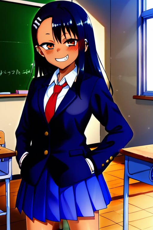 1girl, solo, long hair, looking at viewer, blush, smile, bangs, skirt, shirt, black hair, hair ornament, long sleeves, brown eyes, school uniform, standing, jacket, white shirt, cowboy shot, pleated skirt, necktie, hairclip, fang, collared shirt, indoors, dark skin, grin, dark-skinned female, blue skirt, black jacket, chair, blazer, red necktie, desk, hands in pockets, asymmetrical bangs, classroom, school desk, chalkboard, school chair, nagatoro