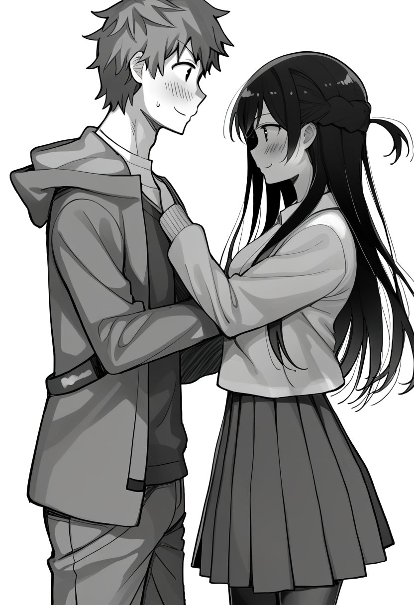 1girl, long hair, blush, smile, skirt, simple background, shirt, long sleeves, 1boy, white background, standing, jacket, monochrome, hetero, greyscale, pantyhose, pleated skirt, pants, hood, miniskirt, sweatdrop, looking at another, from side, profile, height difference, dressing another,MIZUHARA CHIZURU, KINOSHITA KAZUYA 