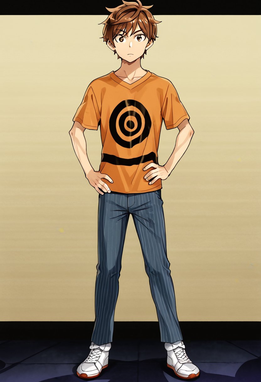 solo, looking at viewer, brown hair, shirt, 1boy, brown eyes, standing, full body, male focus, shoes, striped, pants, hand on hip, white footwear, t-shirt, orange shirt, spiral print shirt, sneakers,MIZUHARA CHIZURU