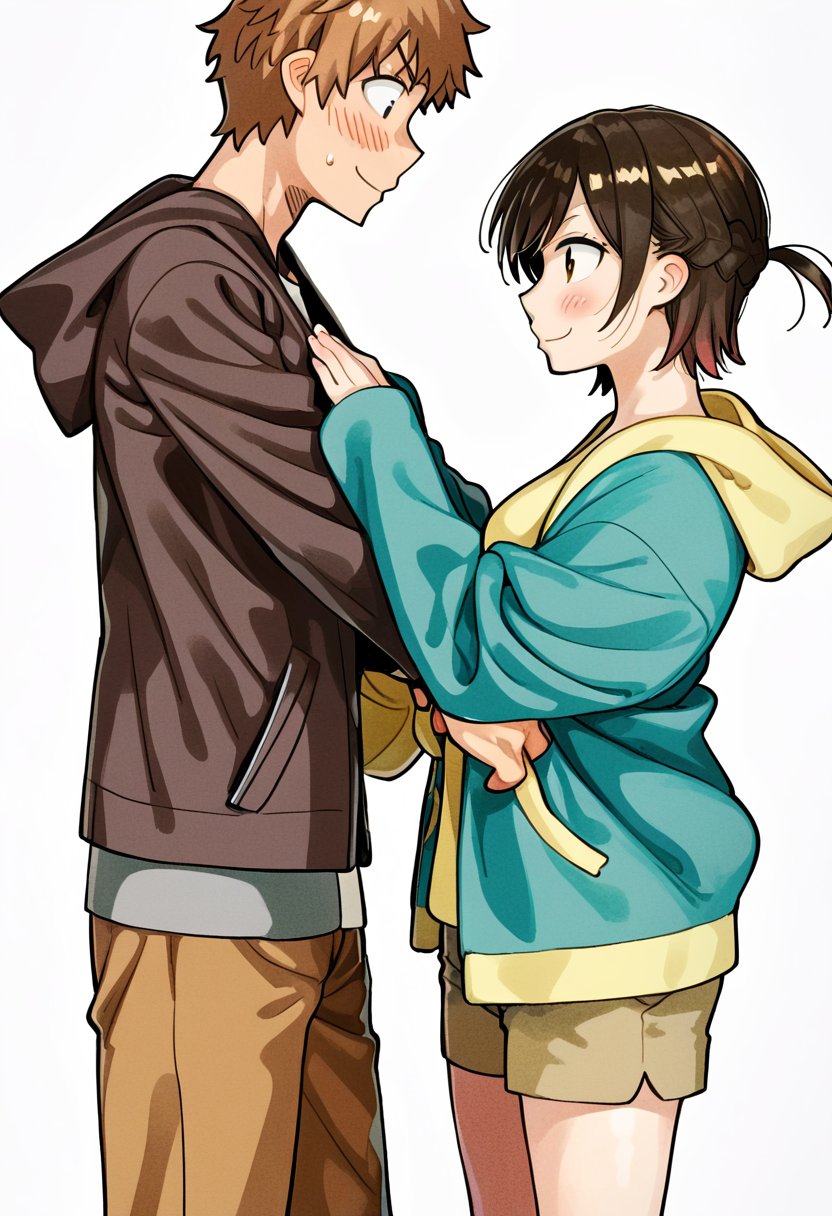 1girl (MIZUHARA CHIZURU), short hair, blush, smile, brown cargo shorts, simple background, shirt, long sleeves, 1boy (KINOSHITA KAZUYA), white background, standing, jacket, hetero, pants, hood, sweatdrop, looking at another, from side, profile, dressing another, same height,