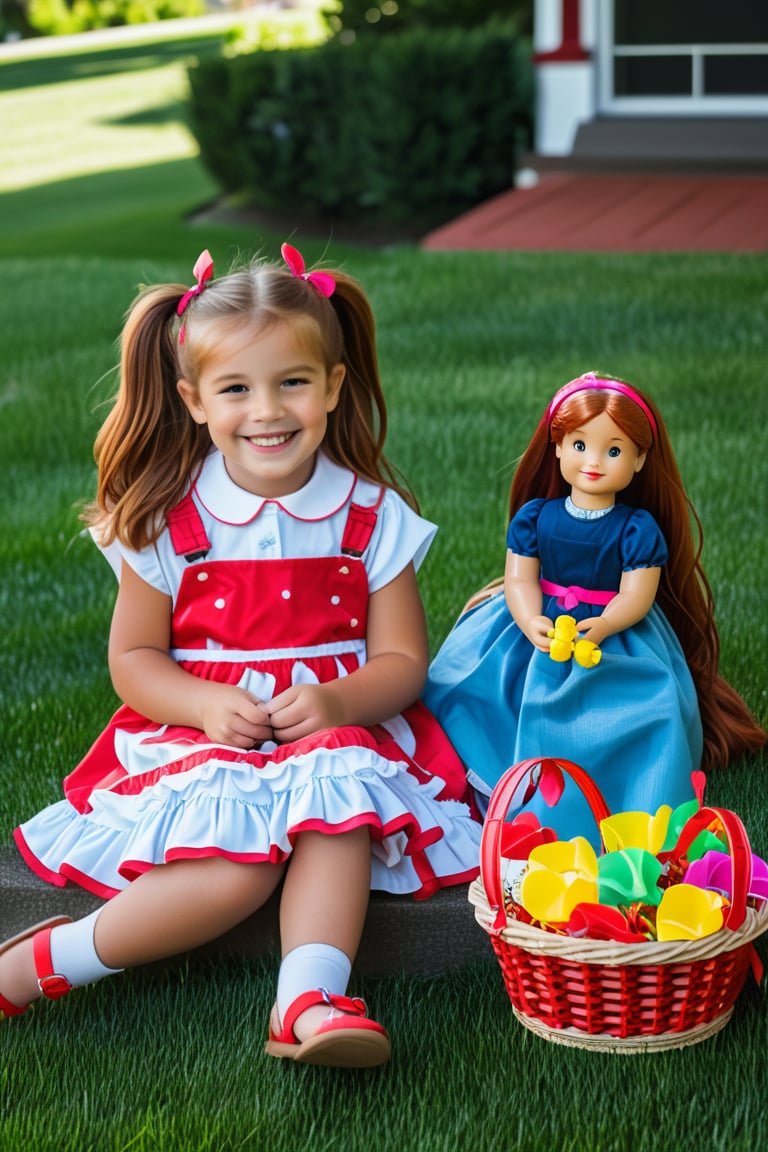 "Nicolette, at 8 years old, is sitting in the front yard, her long red hair neatly tied in pigtails with bright pink ribbons. She’s dressed in a frilly dress with matching sandals, looking every bit the girly girl she used to be. She’s holding a doll in one hand and arranging flowers in a little basket beside her. Zach, her best friend and neighbor, is nearby, playing with action figures, and Nicolette glances over at him with wide, admiring eyes, hoping he’ll notice her. Even at this young age, she’s already attached to him, watching his every move with a soft smile, trying to impress him with her delicate, girly demeanor before she gradually started to change."