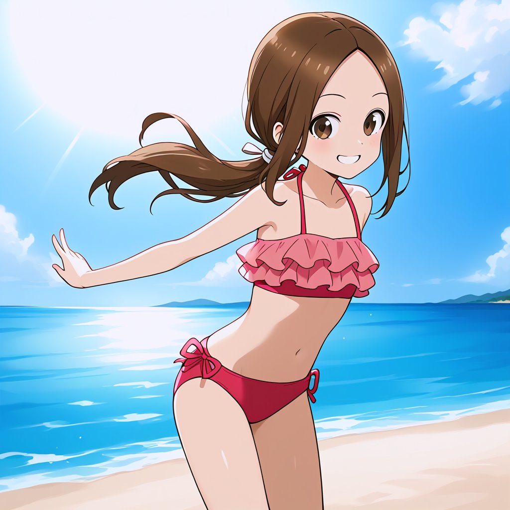 Aged up bbtakagi with parted bangs, standing straight-on on a beach, wearing a frilled pink bikini. She has a cowboy shot framing, smiling, with long brown hair tied in a low ponytail. The scene is brightly lit, capturing her relaxed pose and the vibrant beach setting.