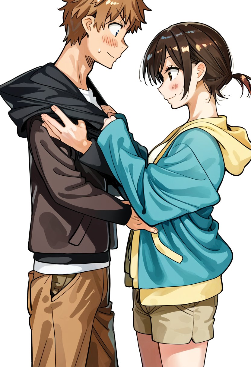 1girl (MIZUHARA CHIZURU), short hair, blush, smile, brown cargo shorts, simple background, shirt, long sleeves, 1boy (KINOSHITA KAZUYA), white background, standing, jacket, hetero, pants, hood, sweatdrop, looking at another, from side, profile, dressing another, 