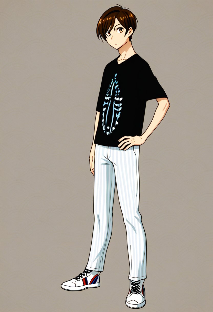 solo, looking at viewer, brown hair, shirt, 1boy, brown eyes, standing, full body, male focus, shoes, striped, pants, hand on hip, white footwear, t-shirt, sneakers, mizuhara chizuru