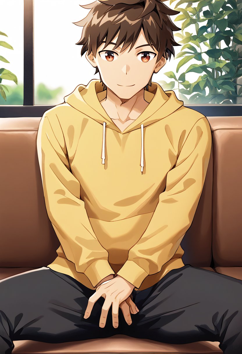 An animated animated image of MIZUHARA CHIZURU sitting on a bench. The man is wearing a green shirt and black pants. His hair is long and brown. His eyes are blue and he has an aroused look on his face. He is smiling, His left hand is touching his crotch . His arms are crossed over his chest. His head is turned to the right and his mouth is slightly open. He has a yellow hoodie over his shirt. His pants are black and his arms are folded over his left shoulder. He is sitting on a couch, spread legs. The wall behind the man is white and there is a window to the left of the man.