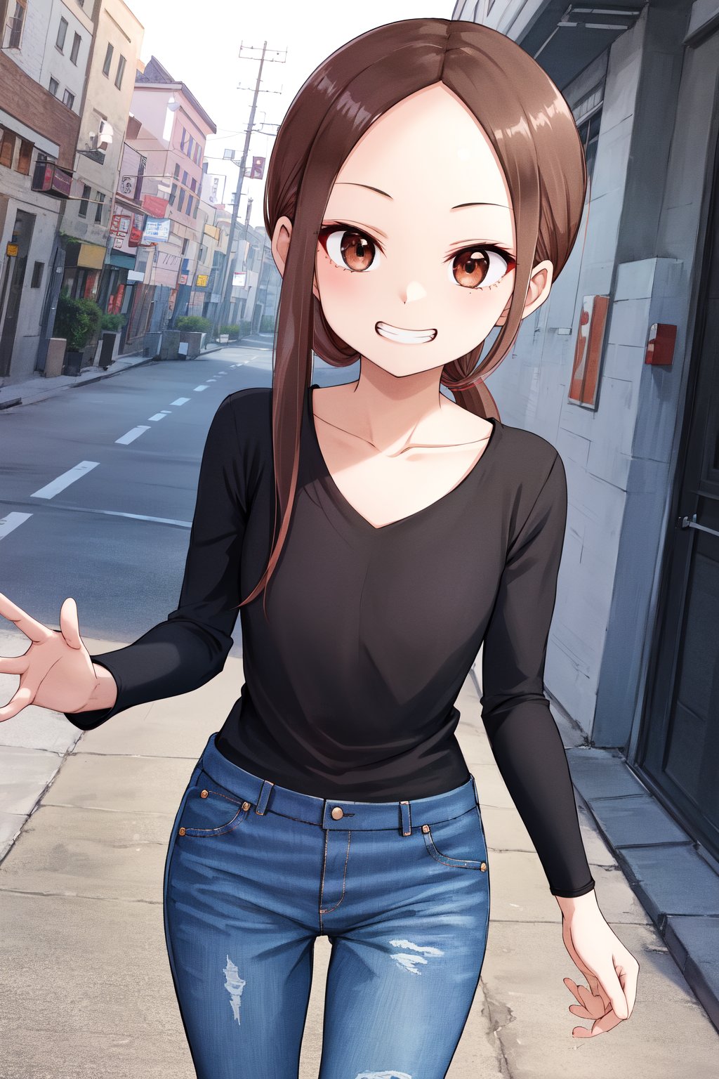 A stunning masterpiece! bbtakagi, A young woman with long, flowing locks tied back in a sleek low ponytail, her collarbone prominent as she walks confidently down the street. She is giving a grin, She wears a fitted black shirt with long sleeves, paired with distressed blue jeans. The framing is cinematic, a cowboy-shot perspective that captures her essence as she strides effortlessly into the frame.