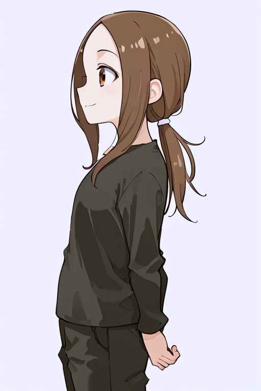 1girl, long hair, low ponytail, smile, bangs, solo,  simple background, brown hair, white background, brown eyes, closed mouth, standing, black shirt, from side, parted bangs, profile, arms behind back, black pants, forehead, motoTakagi, low ponyt