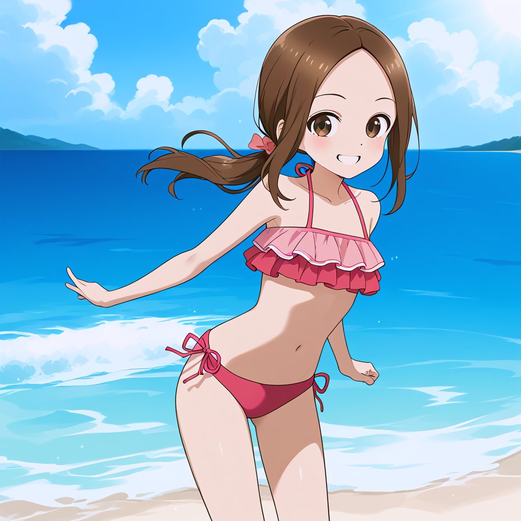 Aged up Aatakagi with parted bangs, standing straight-on on a beach, wearing a frilled pink bikini. She has a cowboy shot framing, smiling, with long brown hair tied in a low ponytail. The scene is brightly lit, capturing her relaxed pose and the vibrant beach setting.