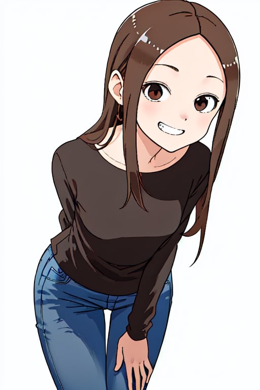 1girl, solo, long hair, looking at viewer, smile, bangs, simple background, brown hair, shirt, long sleeves, white background, brown eyes, sidelocks, pants, grin, parted bangs, black shirt, leaning forward, arms behind back, denim, forehead, jeans, blue pants,exTakagi