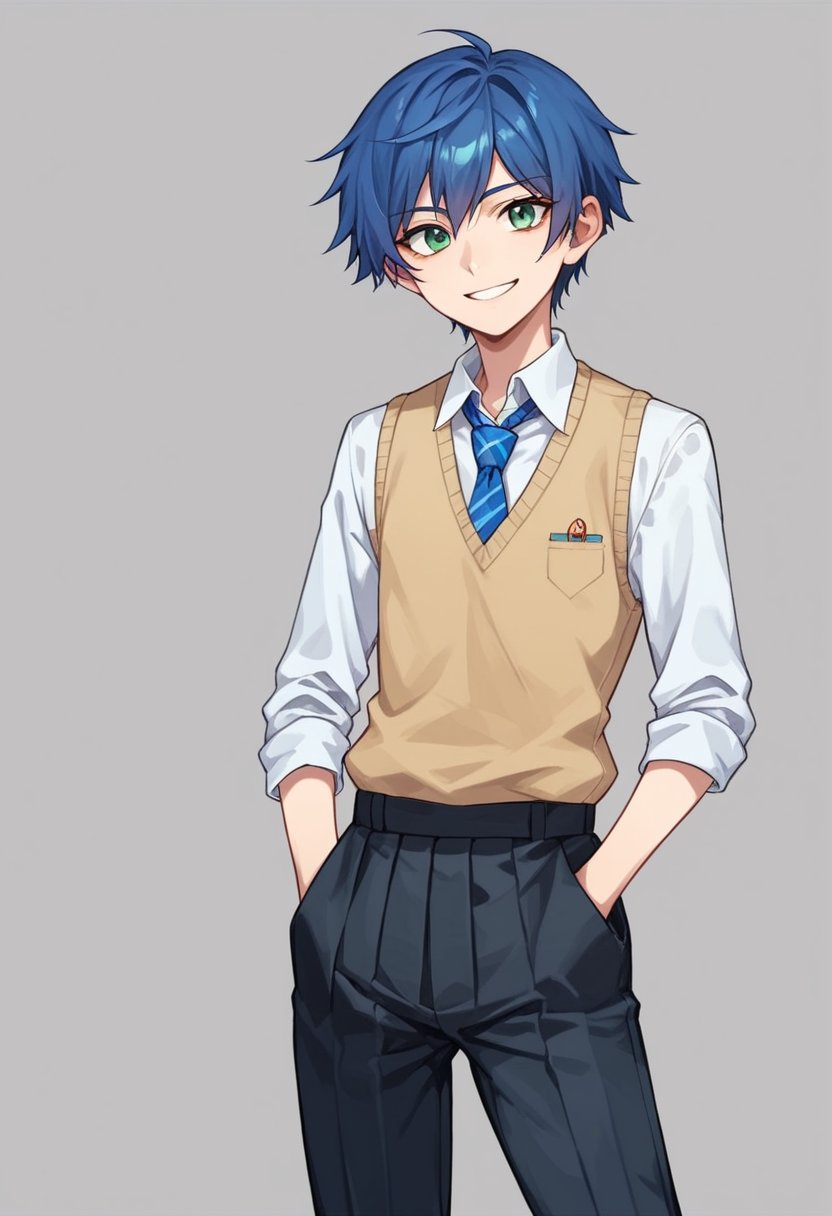 score_9, score_8_up, score_7_up, source_anime, highly detailed, 1girl, solo, formal, green eyes, androgynous,skirt, school uniform, pleated skirt, sweater vest, hand in pocket,  necktie, blue hair, short hair, looking at viewer, reverse trap, pants, smile,open mouth, tuxedo, hair back,outdoor, 
