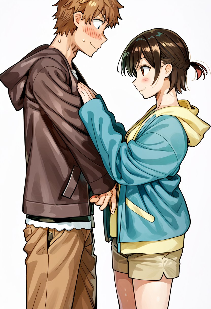 1girl (MIZUHARA CHIZURU), short hair, blush, smile, brown cargo shorts, simple background, shirt, long sleeves, 1boy (KINOSHITA KAZUYA), white background, standing, jacket, hetero, pants, hood, sweatdrop, looking at another, from side, profile, height difference, dressing another, 