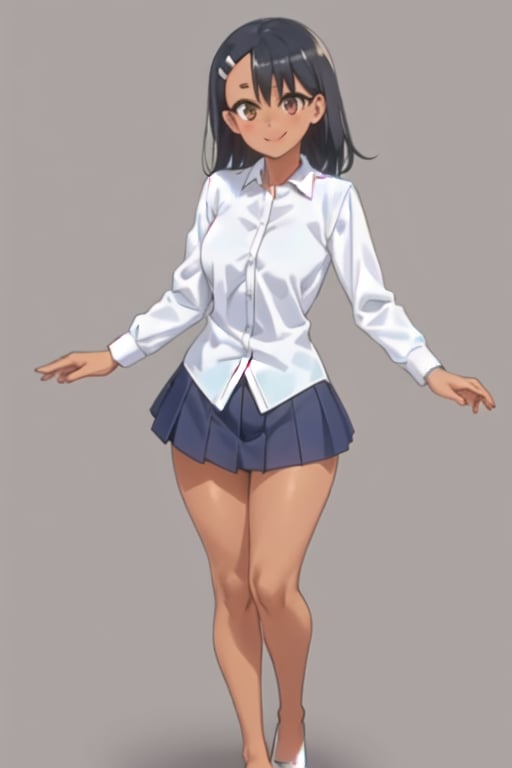 Gender Transformation MTF Sequence Fullbody, Simple Background, Standing,nagatoro_hayase_donttoywithmemissnagatoro,black_hair, dark_skin, brown_eyes, hairclip, hair_ornament, smile