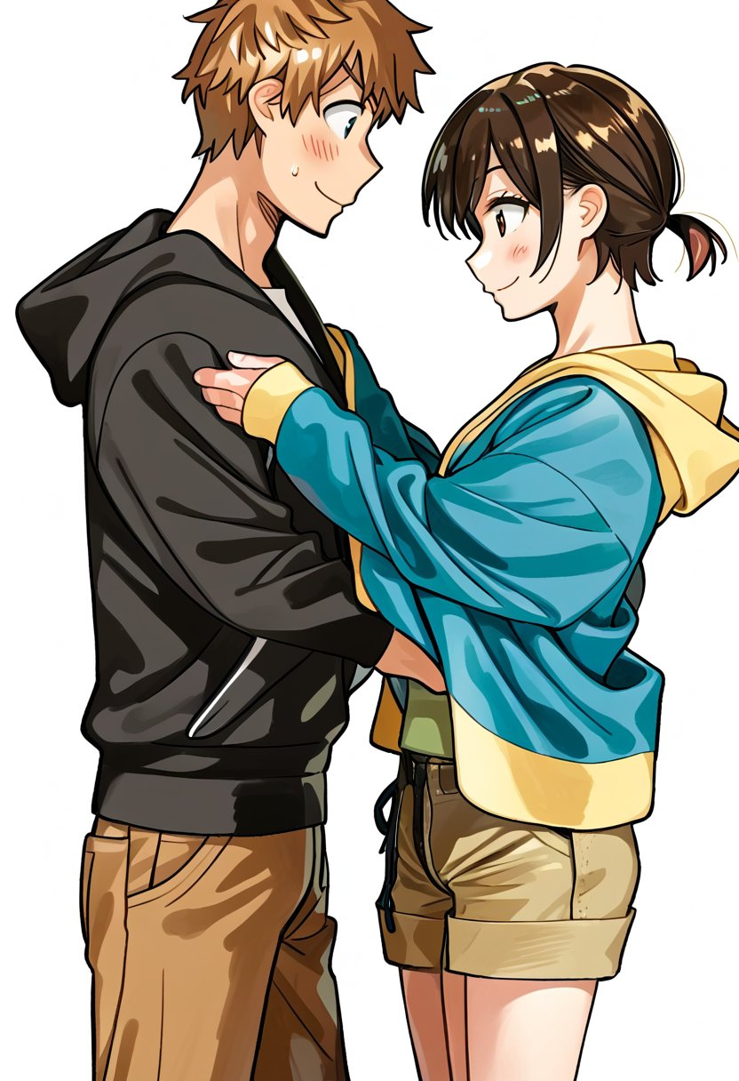 1boy (MIZUHARA CHIZURU), short hair, blush, smile, brown cargo shorts, simple background, shirt, long sleeves, 1boy (KINOSHITA KAZUYA), white background, standing, jacket, homosexual, pants, hood, sweatdrop, looking at another, from side, profile, dressing another, same height,