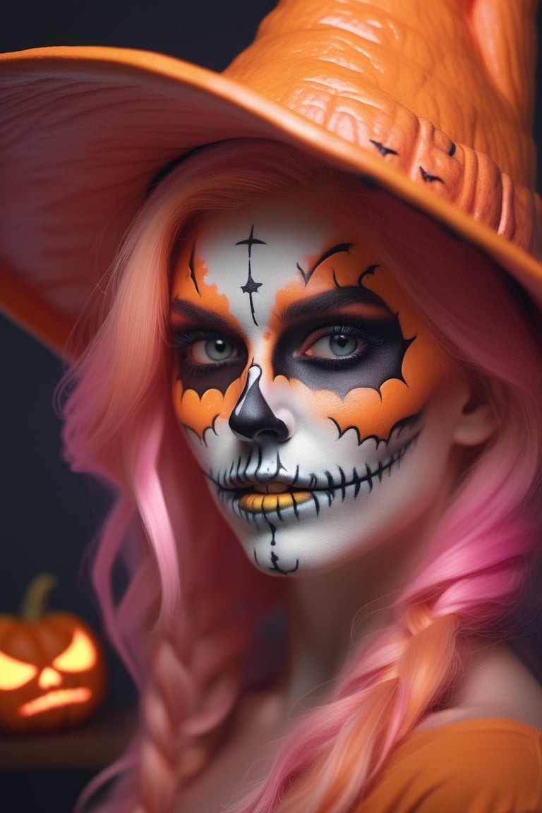 a close up of a woman with pumpkin orange hair and bright makeup, skull face makeup, Halloween style, witch hat, white pupils, digital art by Rhea Carmi, shutterstock, digital art, color photograph portrait 4k, soft portrait shot 8 k, color portrait, colorful glow, glowing pink face, 8k artgerm bokeh, cinematic pastel lighting, glowing with colored light, unreal engine : : rave Halloween makeup