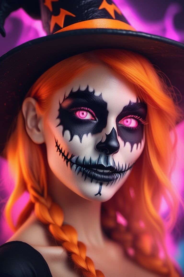 a close up of a woman with pumpkin orange hair and bright makeup, skull face makeup, Halloween style, witch hat, digital art by Rhea Carmi, shutterstock, digital art, color photograph portrait 4k, soft portrait shot 8 k, color portrait, colorful glow, glowing pink face, 8k artgerm bokeh, cinematic pastel lighting, glowing with colored light, unreal engine : : rave Halloween makeup