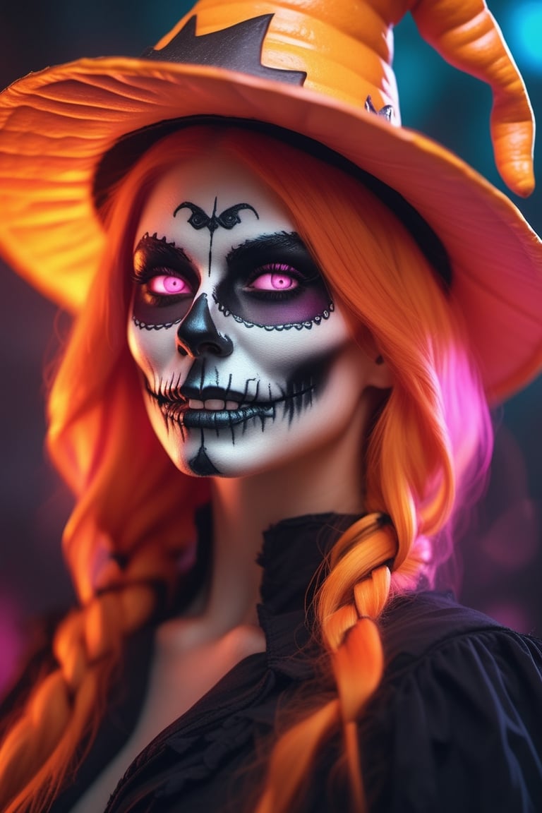 a close up of a woman with pumpkin orange hair and bright makeup, skull face makeup, Halloween style, witch hat, digital art by Rhea Carmi, shutterstock, digital art, color photograph portrait 4k, soft portrait shot 8 k, color portrait, colorful glow, glowing pink face, 8k artgerm bokeh, cinematic pastel lighting, glowing with colored light, unreal engine : : rave Halloween makeup