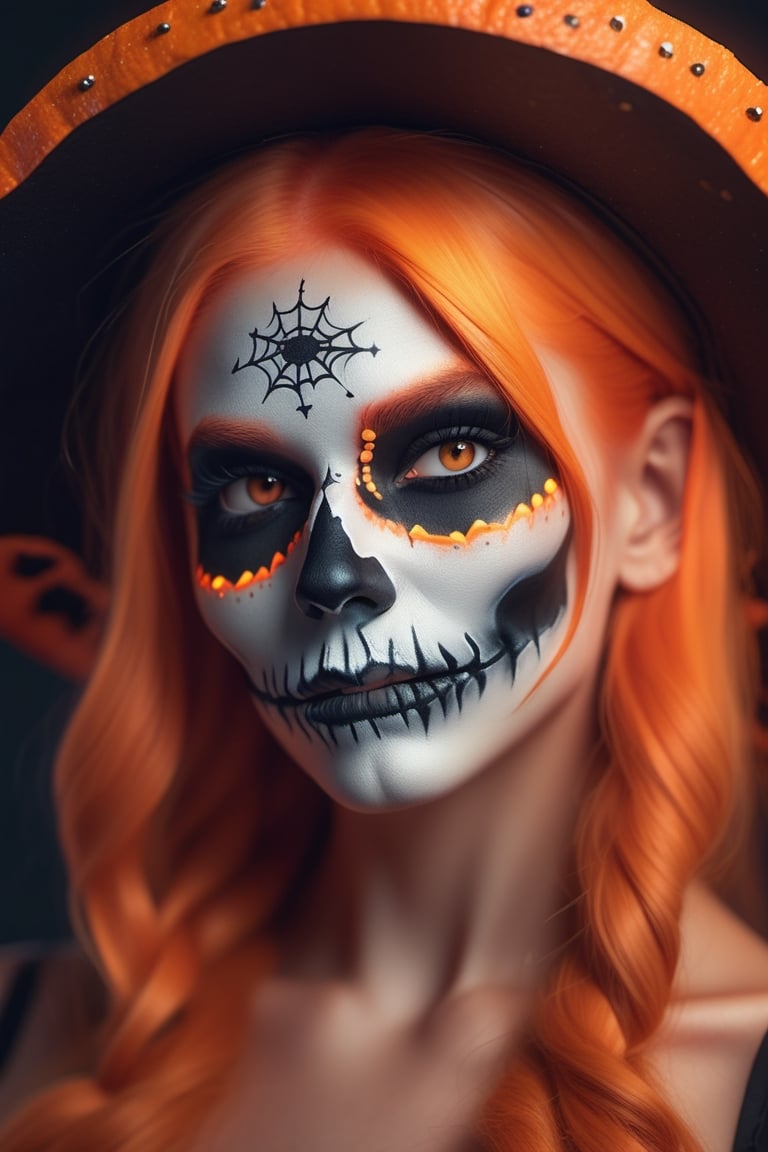 a close up of a woman with pumpkin orange hair and bright makeup, skull face makeup, Halloween style, witch hat, white pupils, digital art by Rhea Carmi, shutterstock, digital art, color photograph portrait 4k, soft portrait shot 8 k, color portrait, colorful glow, glowing pink face, 8k artgerm bokeh, cinematic pastel lighting, glowing with colored light, unreal engine : : rave Halloween makeup