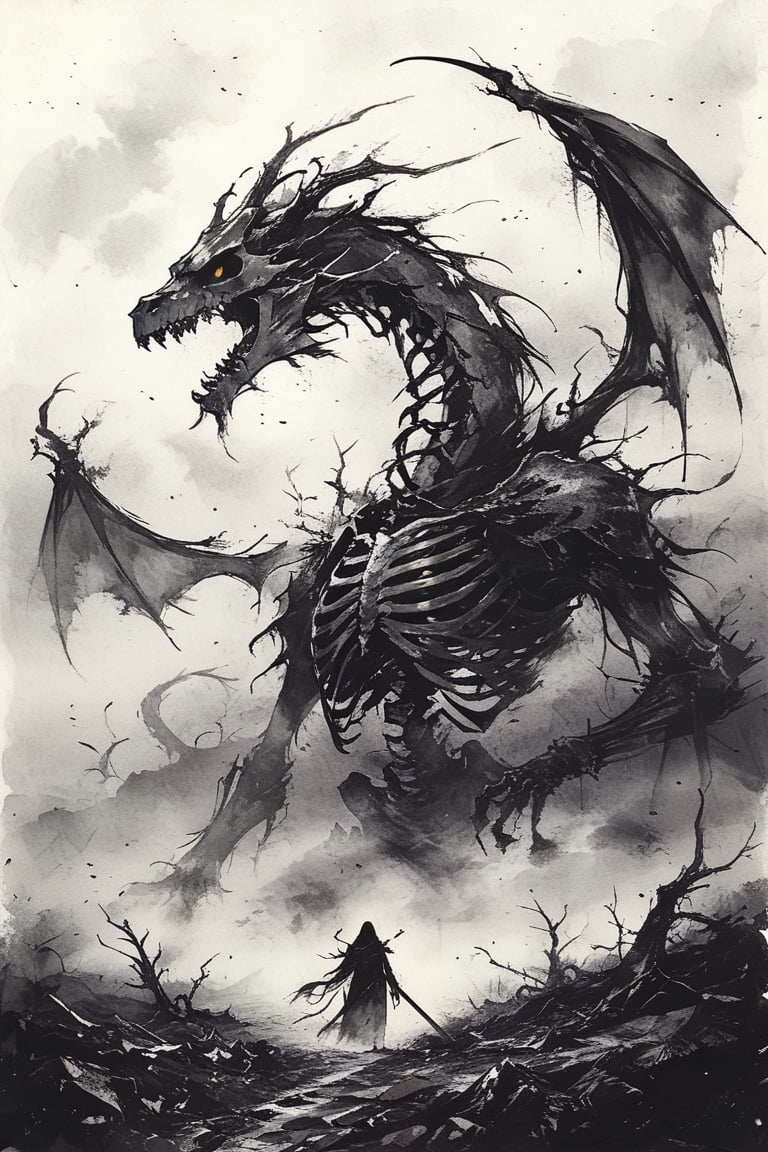 Giant Skeleton dragon,ribs,decay,flesh,wings,cloud,Dark ,Moody Atmosphere, 