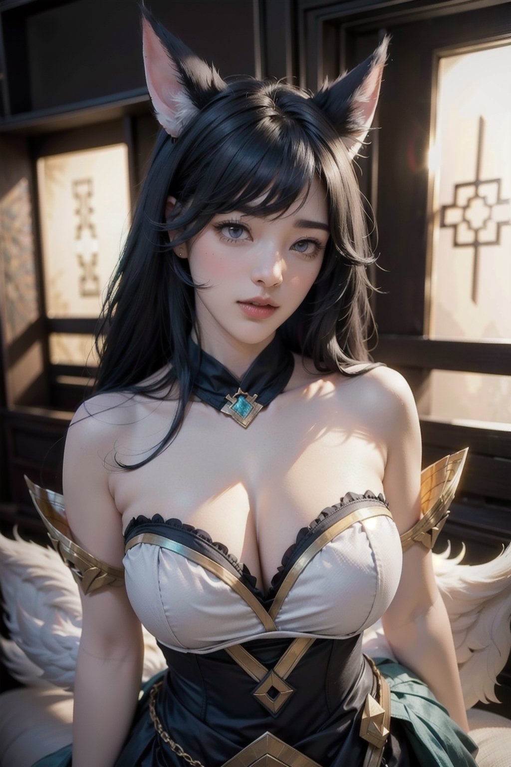 ah1,Ahri,fennec fox,fox tail,5_figners,black_hair,yellow eyes ,lure,league_of_legends_ahri,large breasts, ah1,black_fox_ears,iridescent clothing