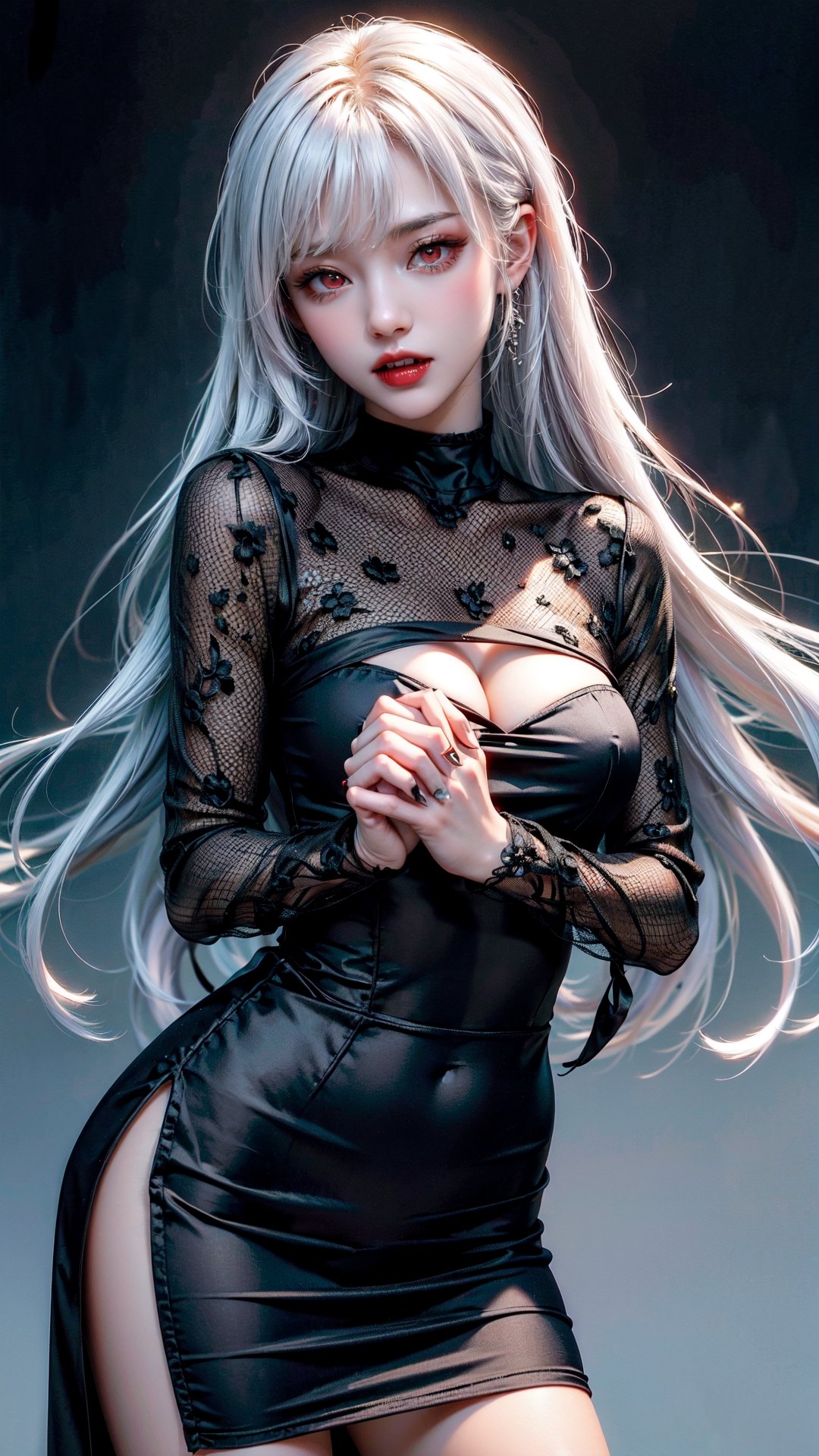 red_eyes,white-hair,5_figners,better_fingers,1Girl,vampire,fangs,ruthless,perfec,flower-pattern_see-through_black_dress