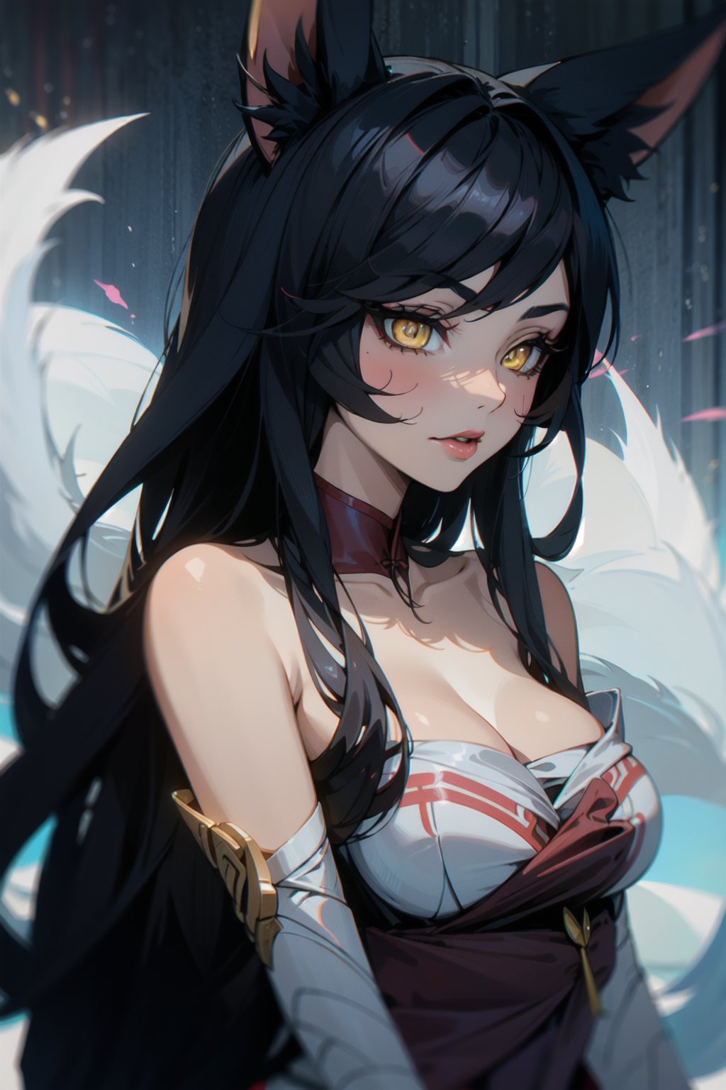 ah1,Ahri,fennec fox,fox tail,5_figners,black_hair,yellow eyes ,lure,league_of_legends_ahri,large breasts, ah1,black_fox_ears, Upper body