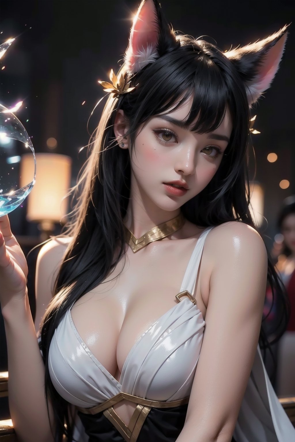 ah1,Ahri,fennec fox,fox tail,5_figners,black_hair,yellow eyes ,lure,league_of_legends_ahri,large breasts, ah1,black_fox_ears,iridescent clothing,ancient roman clothes