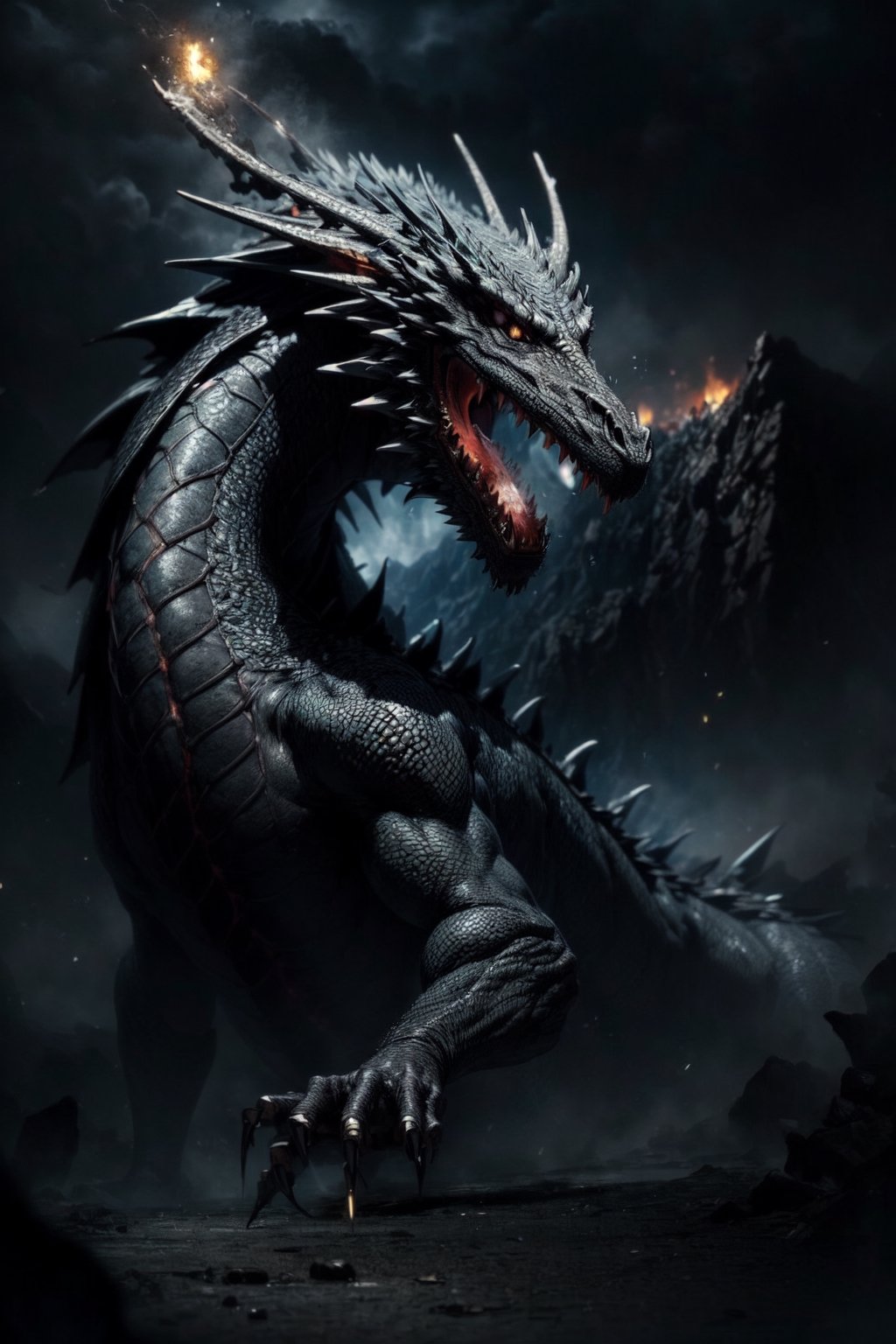 Dragon,a black dragon on the mountain,dragon Breathing fire,Look from a distance,More Detail