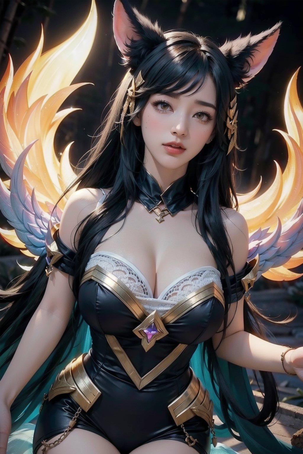 ah1,Ahri,fennec fox,fox tail,5_figners,black_hair,yellow eyes ,lure,league_of_legends_ahri,large breasts, ah1,black_fox_ears,iridescent clothing