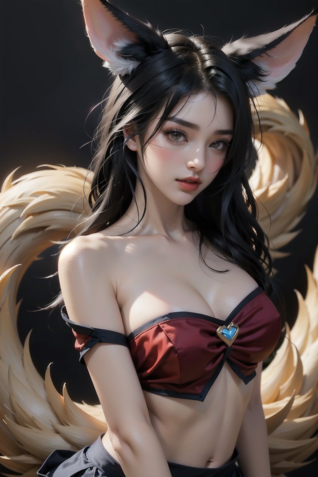 ah1,Ahri,fennec fox,fox tail,5_figners,black_hair,yellow eyes ,lure,league_of_legends_ahri,large breasts, ah1,black_fox_ears,serafuku