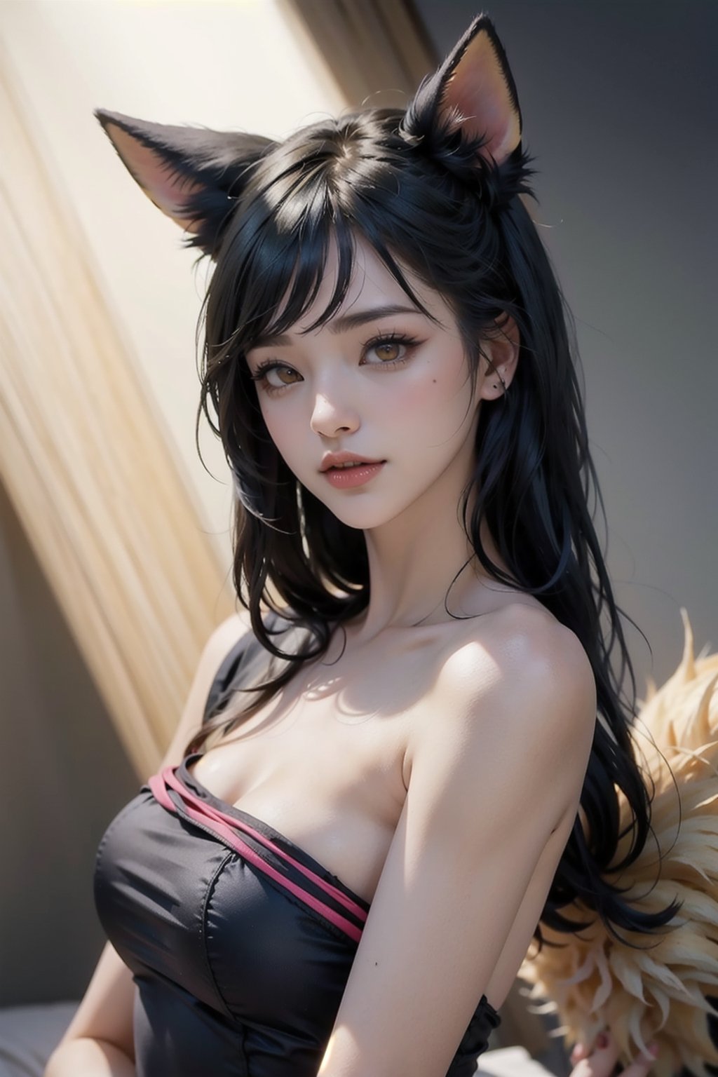 ah1,Ahri,fennec fox,fox tail,5_figners,black_hair,yellow eyes ,lure,league_of_legends_ahri,large breasts, ah1,black_fox_ears,one-shoulder one-piece swimsuit