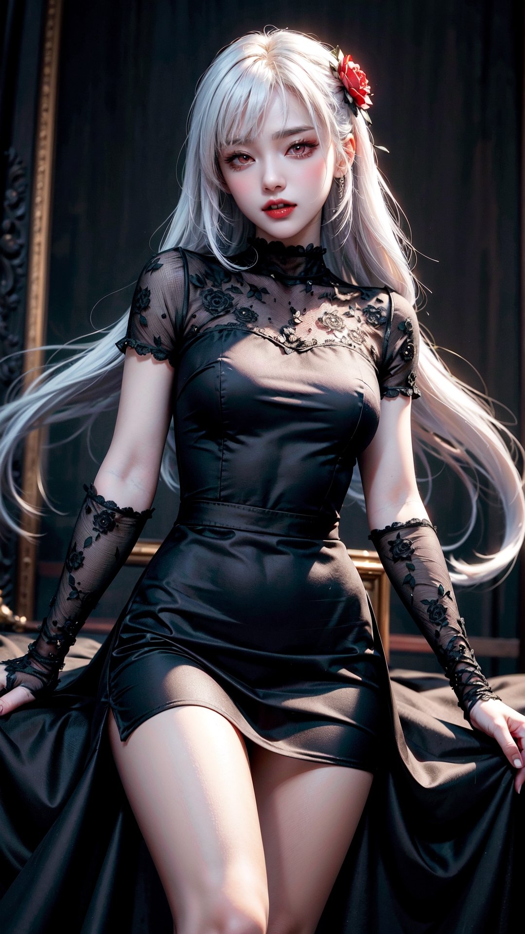 red_eyes,white-hair,5_figners,better_fingers,1Girl,vampire,fangs,ruthless,perfec,flower-pattern_see-through_black_dress