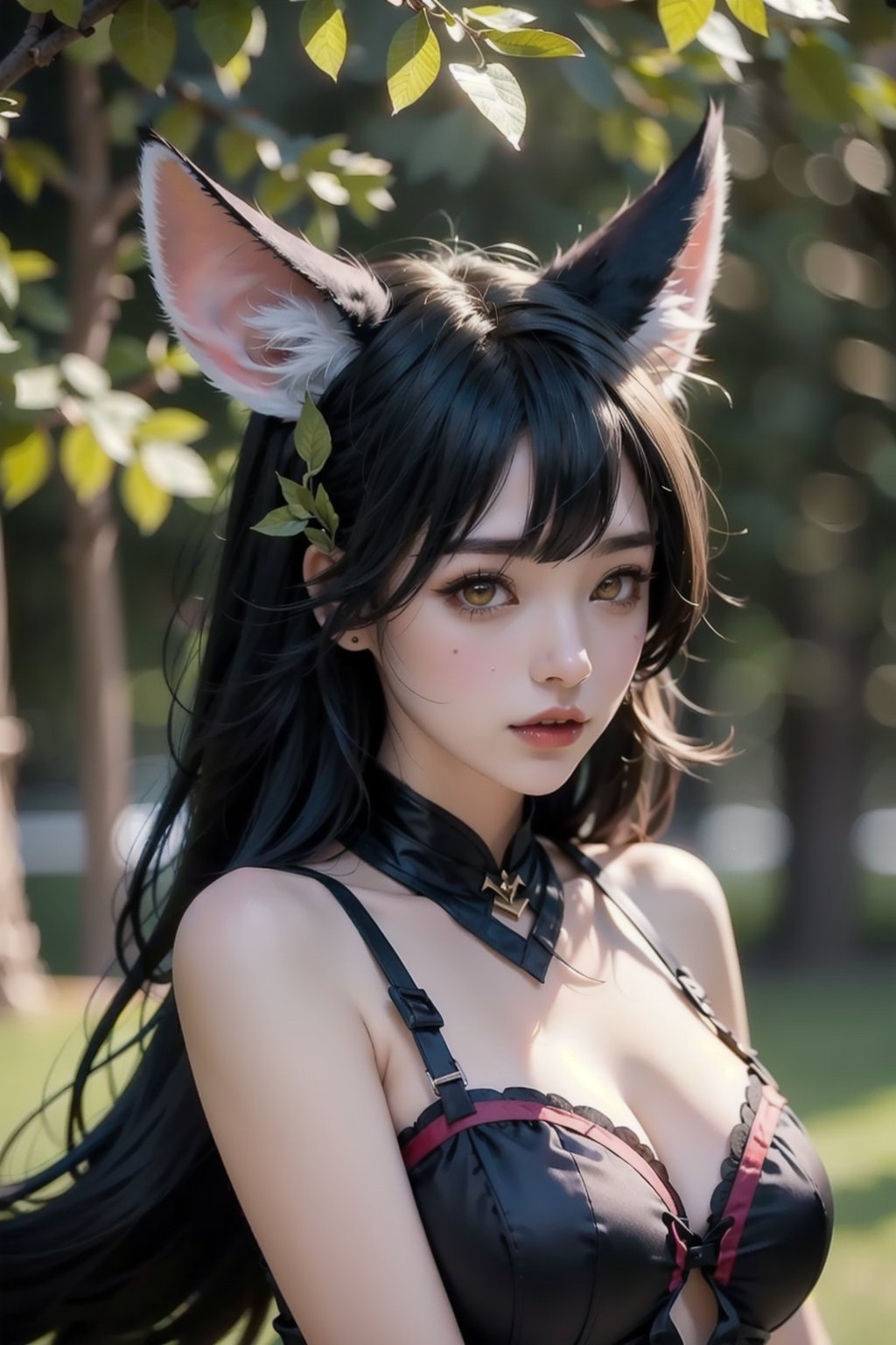 ah1,Ahri,fennec fox,fox tail,5_figners,black_hair,yellow eyes ,lure,league_of_legends_ahri,large breasts, ah1,black_fox_ears,edgwrench