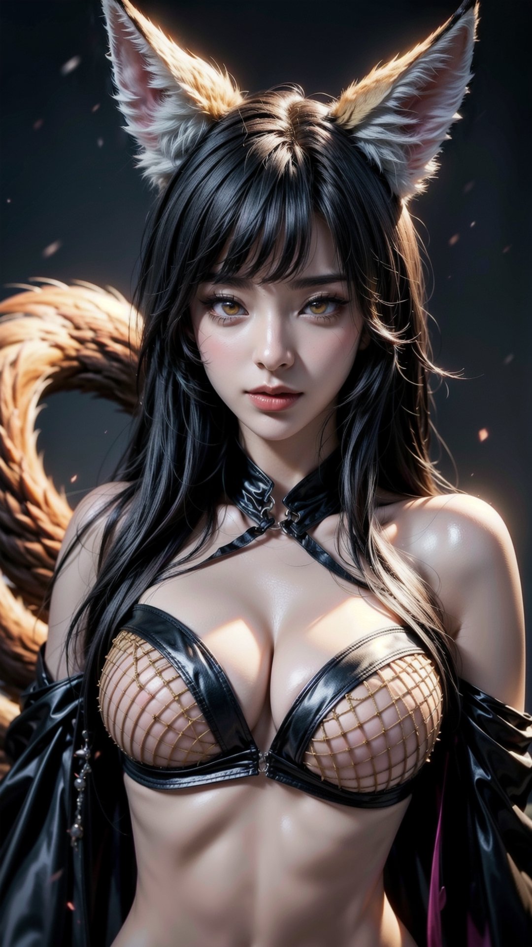 ah1,Ahri,fennec fox,fox tail,5_figners,black_hair,yellow eyes ,lure,league_of_legends_ahri,large breasts, ah1,black_fox_ears,falling_snow,perfect,fishnet top