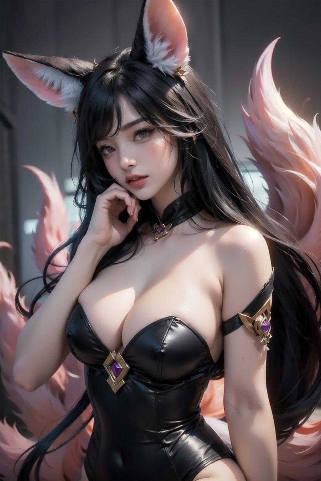 ah1,Ahri,fennec fox,fox tail,5_figners,black_hair,yellow eyes ,lure,league_of_legends_ahri,large breasts, ah1,black_fox_ears,wear_yaemikodef