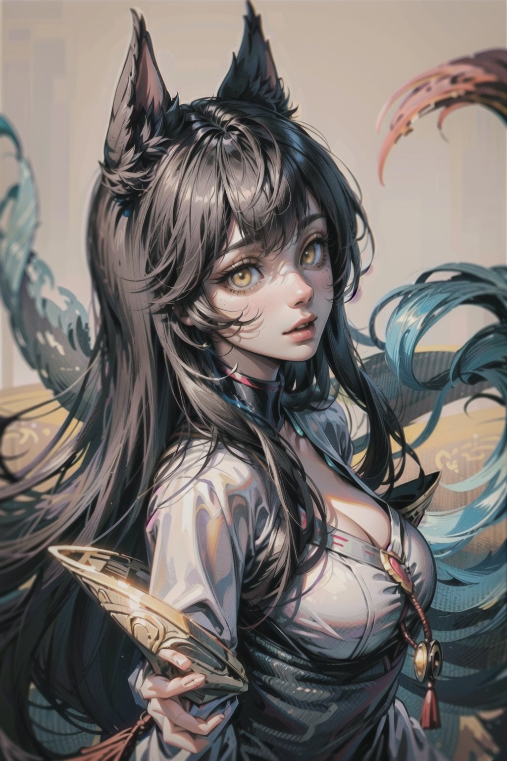 ah1,Ahri,fennec fox,fox tail,5_figners,black_hair,yellow eyes ,lure,league_of_legends_ahri,large breasts, ah1,black_fox_ears,perfect