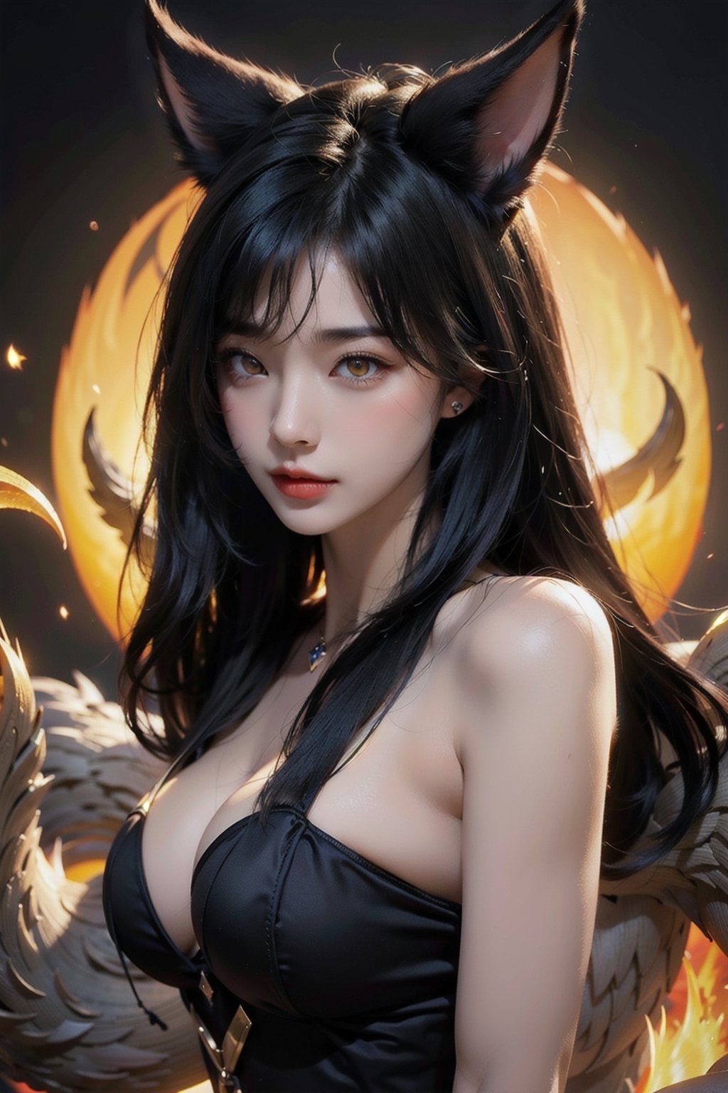 ah1,Ahri,fennec fox,fox tail,5_figners,black_hair,yellow eyes ,lure,league_of_legends_ahri,large breasts, ah1,black_fox_ears